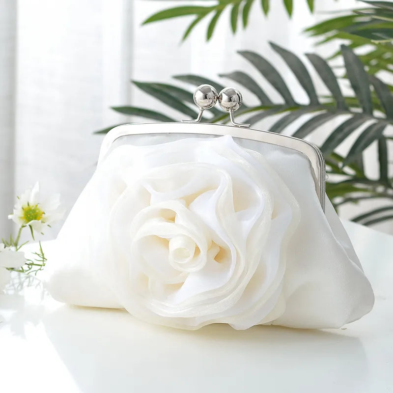 New Fresh Rose Flower Banquet Bag Satchel Crossbody Qipao Bag New Year Handbag Square Silk Surface Chain Bag Sweet Style