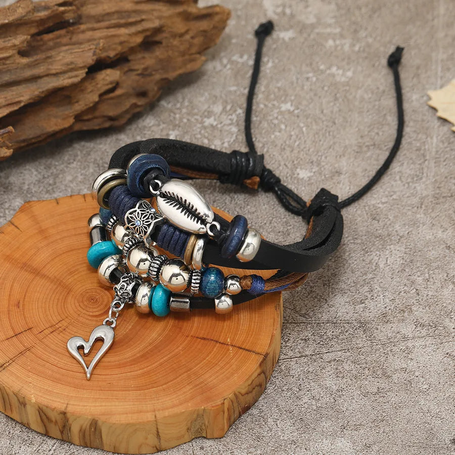 casual heart shape pu leather alloy wooden beads beaded knitting men's drawstring bracelets