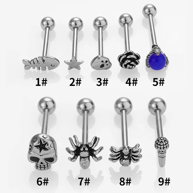 1 Piece Tongue Rings Gothic Hip-Hop Rock Rose Spider Fish Bone 316L Stainless Steel  Polishing Crystal Tongue Rings