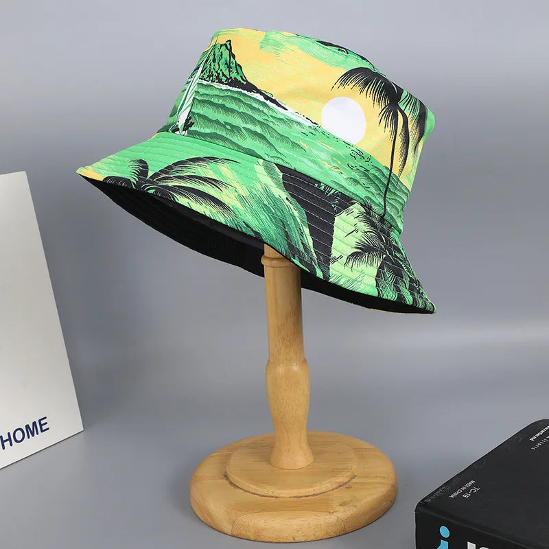 Women's Casual Commute Korean Style Coconut Tree Printing Flat Eaves Bucket Hat