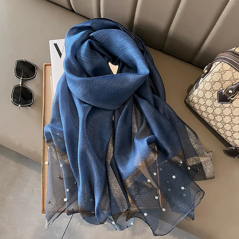 women's simple style color block satin pearl silk scarf