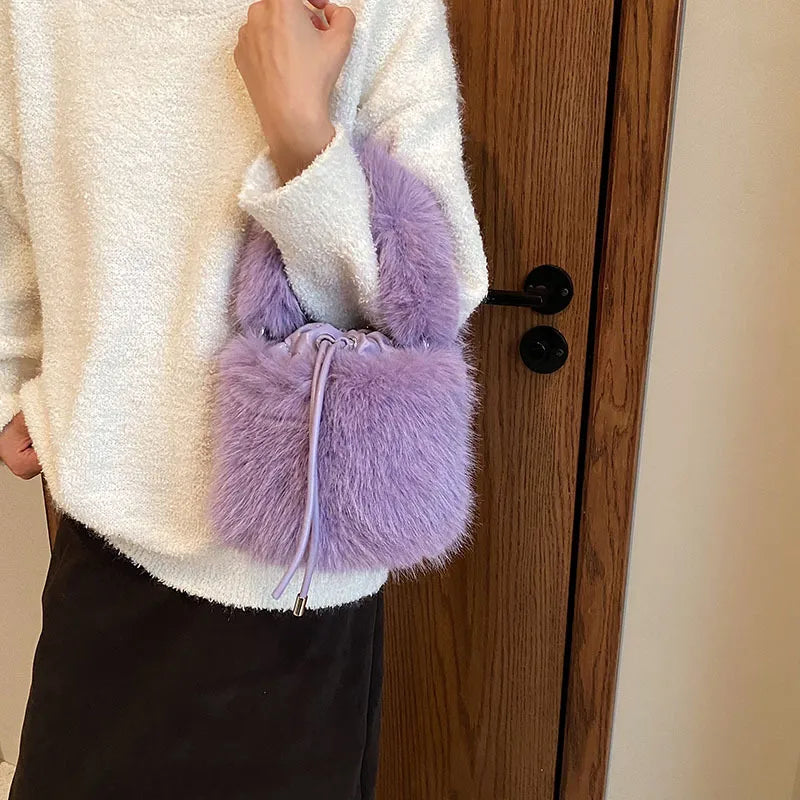Women's Plush Solid Color Streetwear Bucket String Shoulder Bag Crossbody Bag Bucket Bag