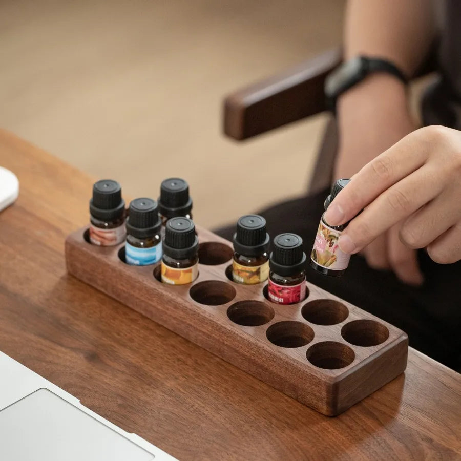 Walnut essential oil cosmetics storage rack wooden desktop standing display rack household grid log storage rack