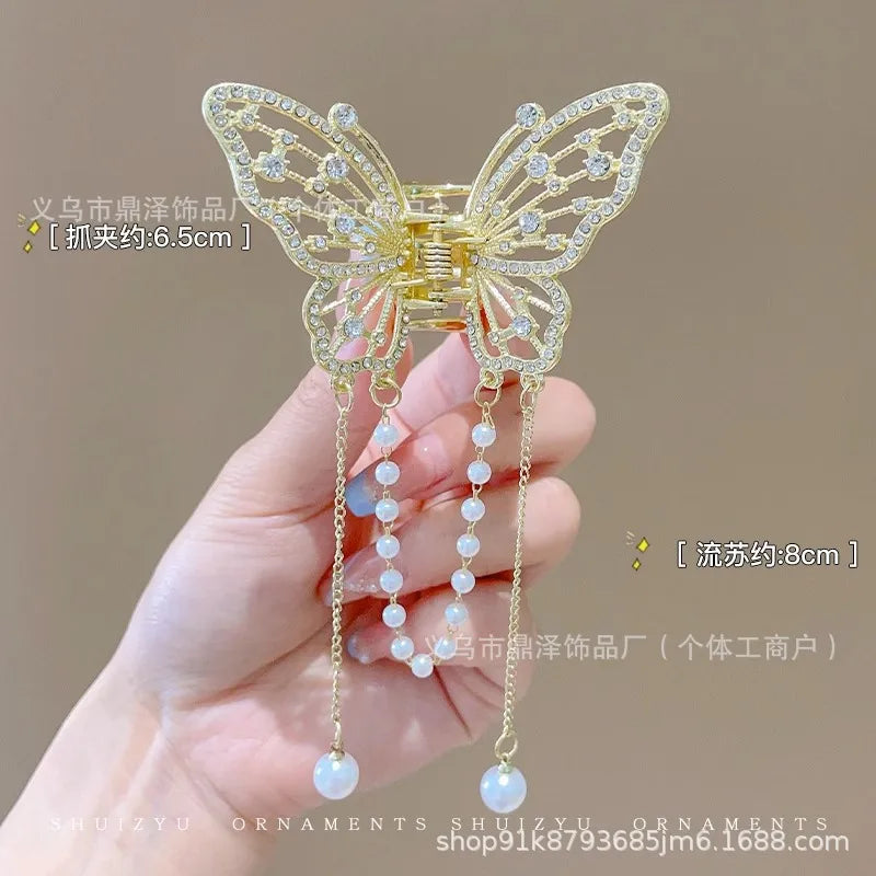 Alloy butterfly hairpin Korean high-end sense exquisite pearl tassel hair accessories half hair clip women's headdress wholesale