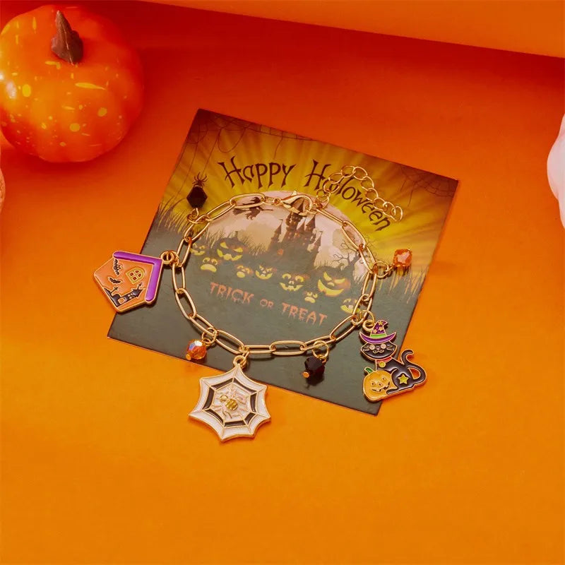 Halloween Elements Pumpkin Devil Paper Card Metal Bracelet Dark Style Cartoon Design Alloy Material Women's Fashion Jewelry