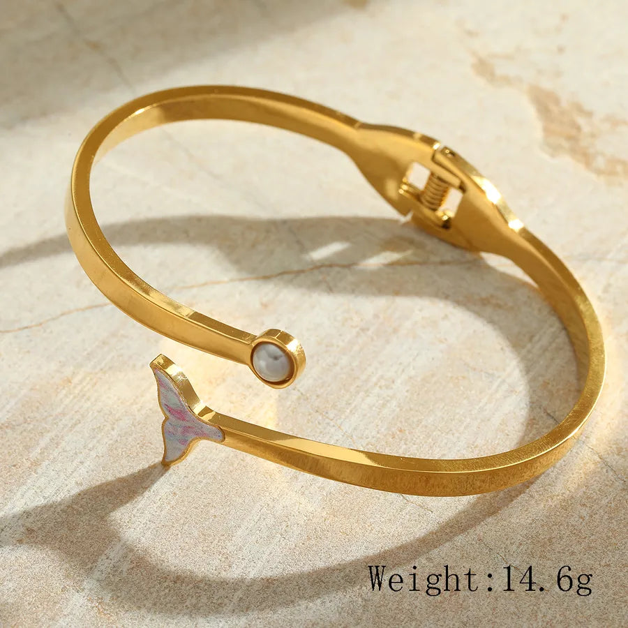Casual Marine Style Simple Style Geometric Fish Tail 304 Stainless Steel 18K Gold Plated Imitation Pearl Bangle In Bulk
