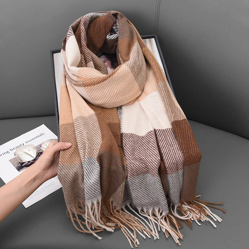 Women's Classic Style Plaid Imitation cashmere Tassel Scarf