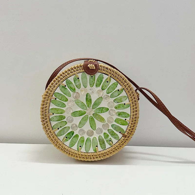 Women's Medium Rattan Floral Elegant Magnetic Buckle Dome Bag