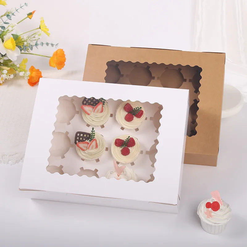 12-Pack Cupcake Boxes Pastry Baking Paper Transparent Window Cake Packaging Boxes Pastries Storage Simple Style Egg Tart Boxes
