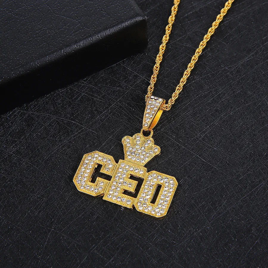 Hip Hop Style  Diamond Crown Letters CEO Pendant Necklace for Men Cuban Link Chain Necklace Wholesale