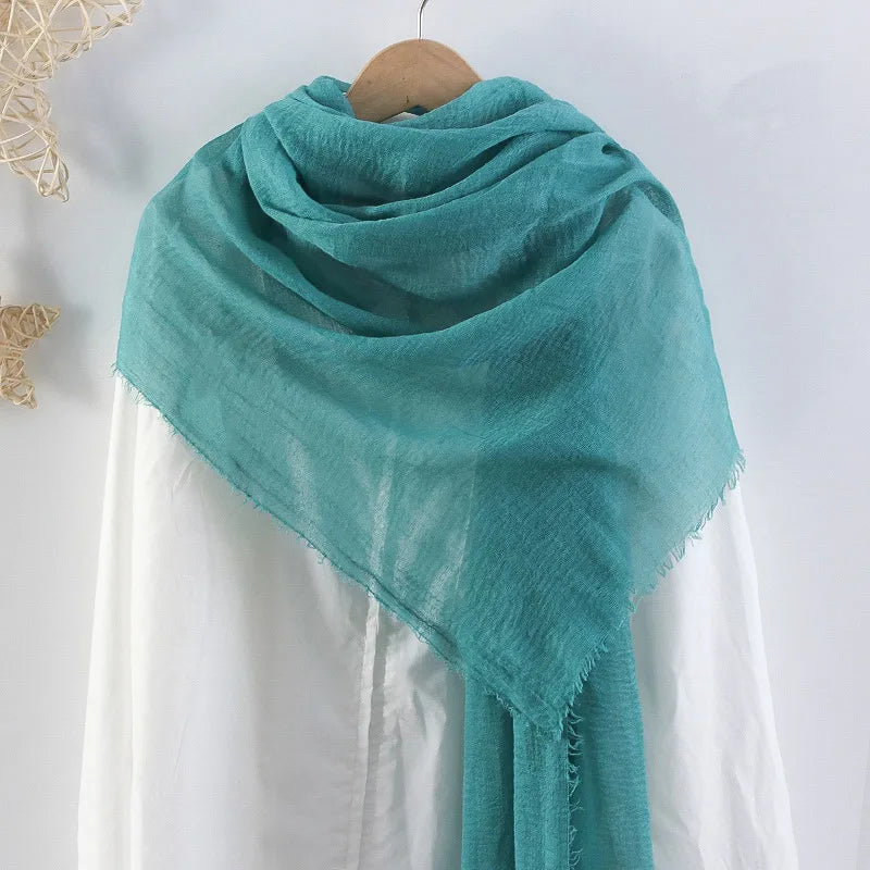 Hot selling solid color pleated cotton and linen scarf  women's bag headscarf crumpled hair fringe bubble scarf women's scarf cover head