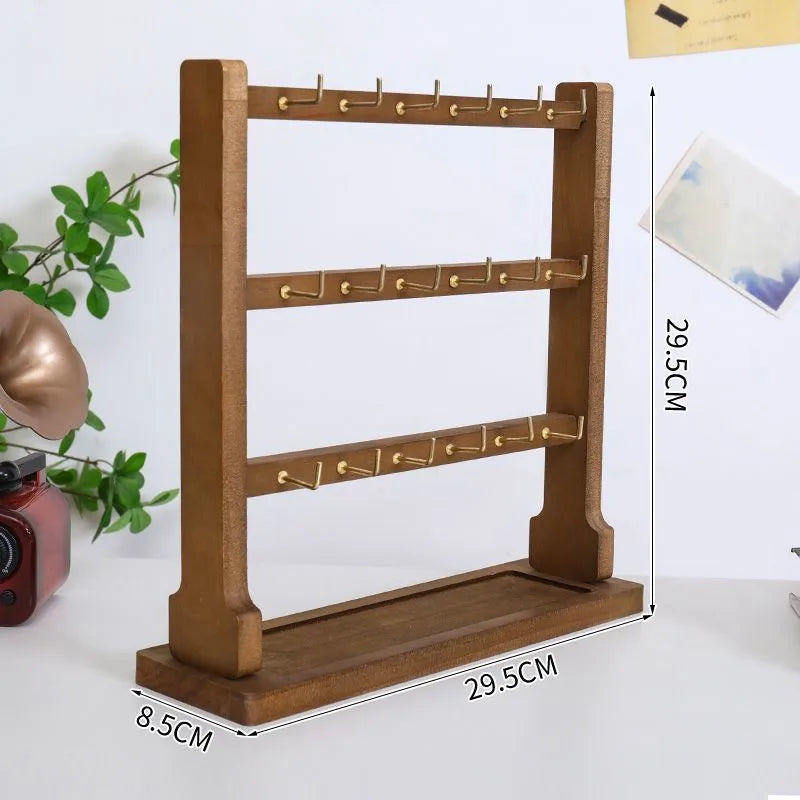 Wooden Jewelry Display Stand Earring Necklace Bracelet Organizer Artistic Style Market Stall Hook Keychain Holder Storage Rack