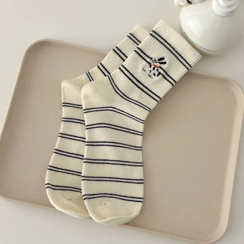Spring and Summer suxinaimin Cute Dog Embroidered Trendy Healing Striped Mid-Socks Ins Casual Piled Socks