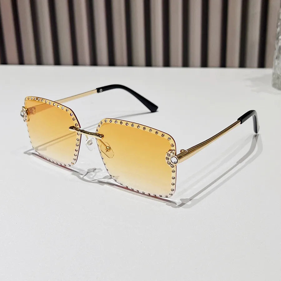 Casual Hip-Hop Color Block Pc Square Rhinestone Frameless Glasses