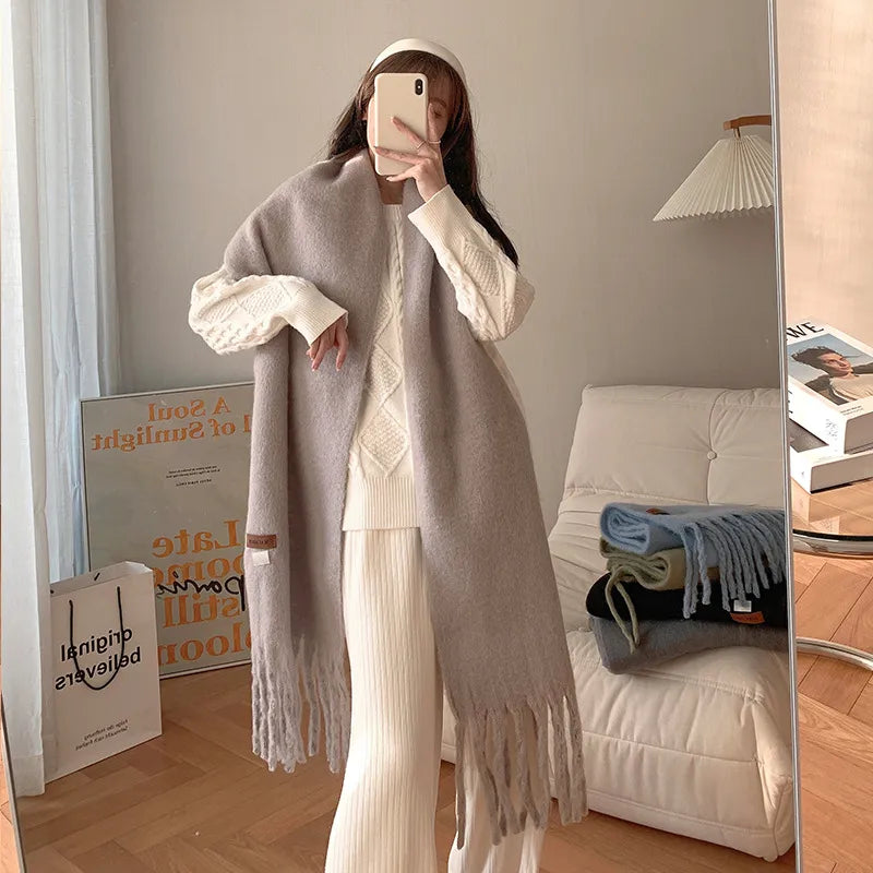 women's sweet color block polyester tassel scarf
