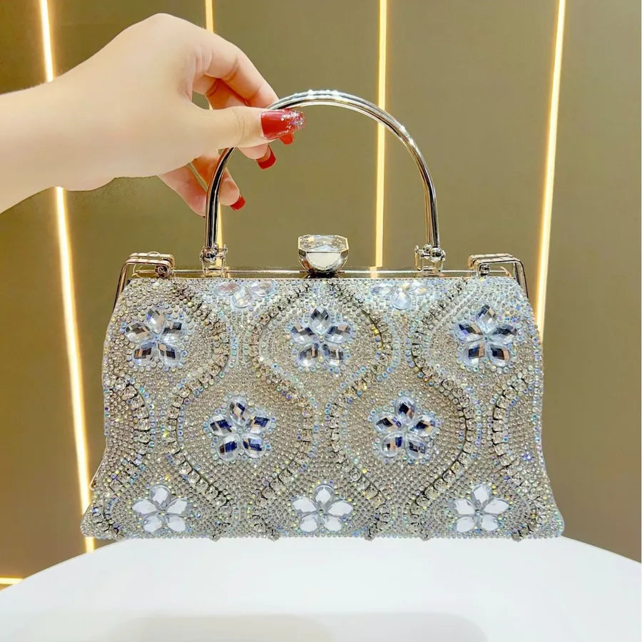Princess Style Large Capacity Women's Handbag Evening Bag Square Shape Polyester Material Chain Lock Diamond Fashion Elements