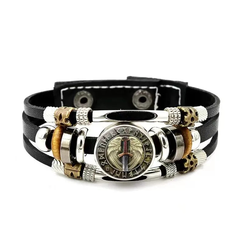 New Alloy Beads Woven Bracelet Nordic Viking Pirate Aoding Logo Compass Leather Bracelet for Men and Women