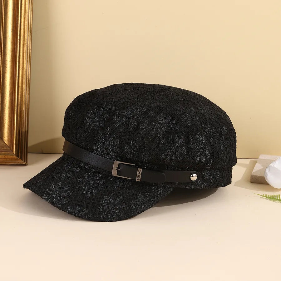 Black White Decorative Thin Mesh Breathable Flower Large Version Face Slimming Fashionable All-Match Flat-Crown Newsboy Cap Practical For Daily Shopping