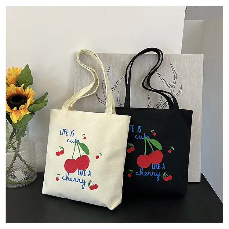 Women's Canvas Cherry Cute Sewing Thread Square Zipper Canvas Bag Tote Bag