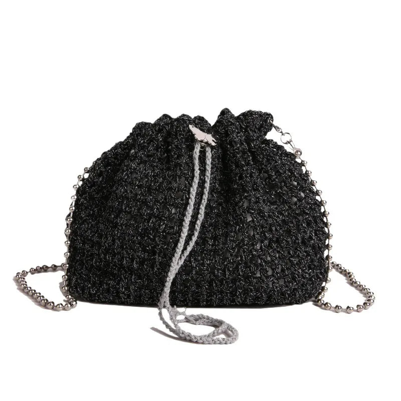 Special-Interest Design Hollow Knit Woven Women's Cross-Body Bag, Fashion Crocheted Bucket Bag, Versatile Chain Small Bag