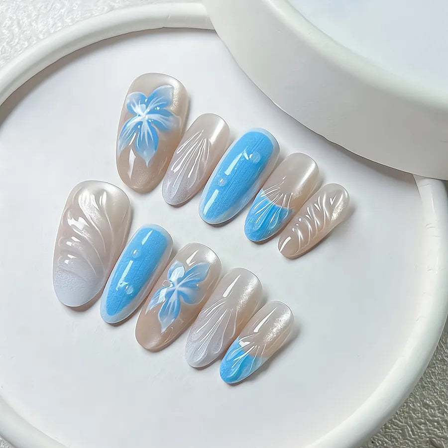 Handmade Almond Nail Press-Ons 3D Floral Shell Design Gradient White Effect European Style Nail Art False Nails Set