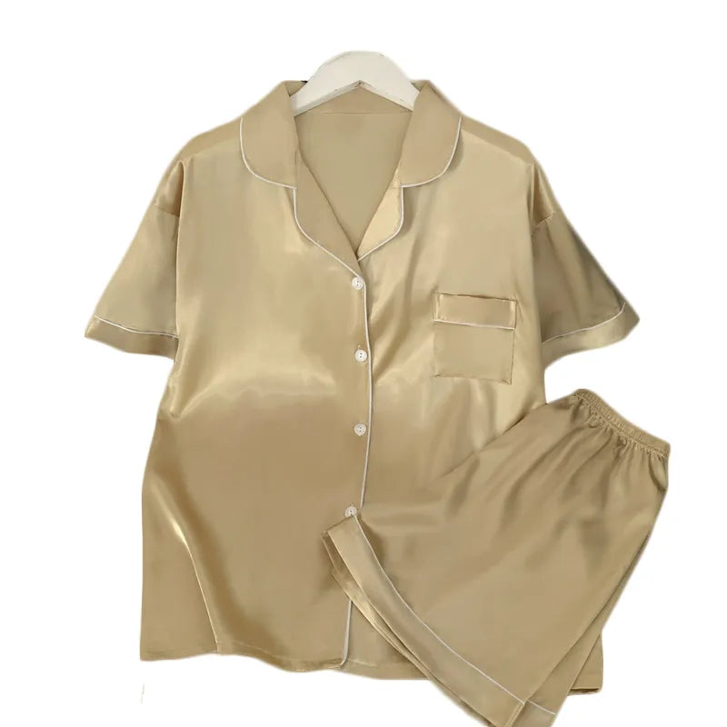 Home Women's Casual Solid Color Satin Shorts Sets Pajama Sets