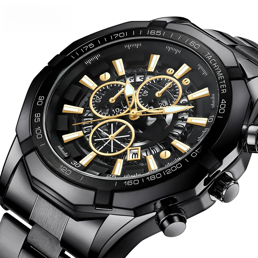 new spot wholesale watch men's steel band three eyes six needle luminous calendar sports waterproof quartz watch