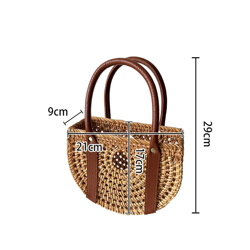 Women's Medium Straw Geometric Vacation Bucket String Straw Bag