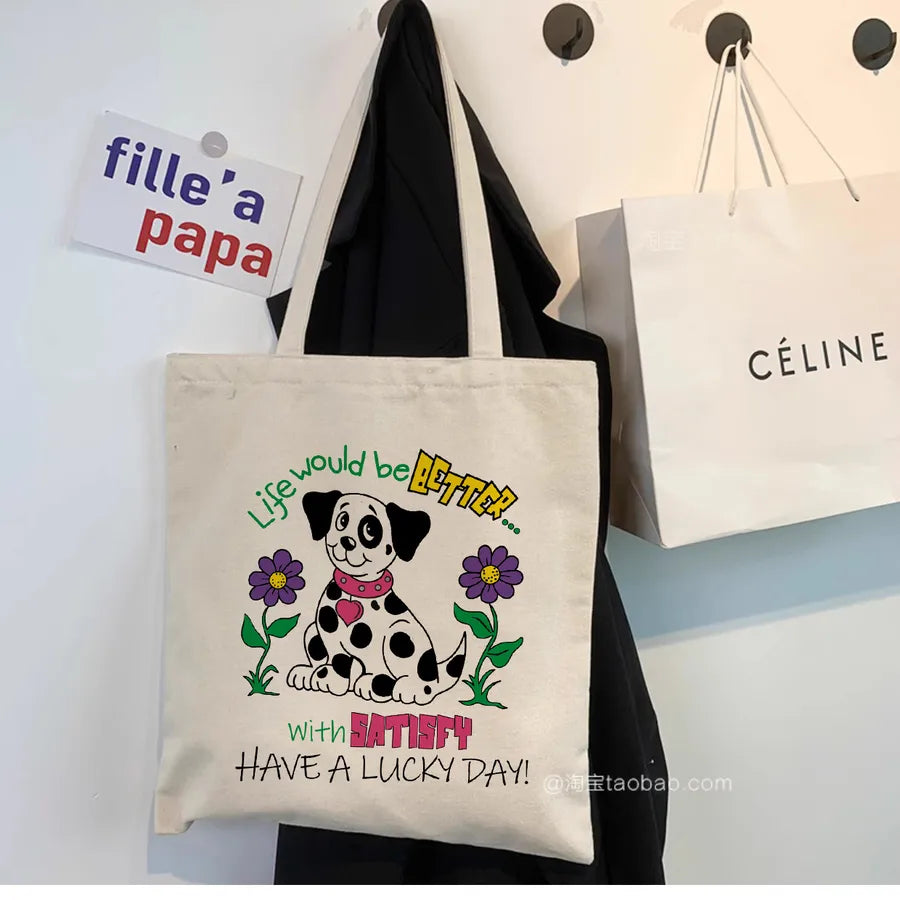 Women's Cute Animal Letter Canvas Shopping bags