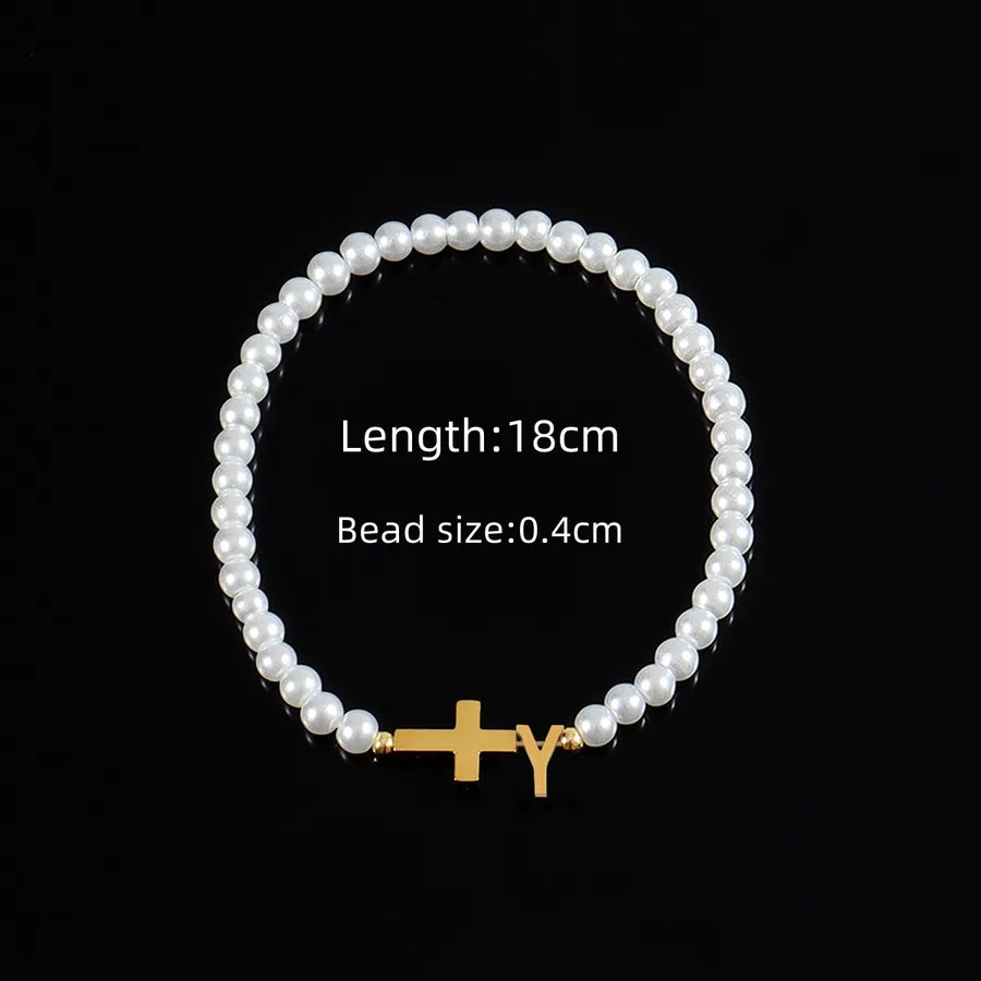 Classic Style Cross Letter 304 Stainless Steel Artificial Pearl Beaded Chain Beaded Bracelets Wholesale