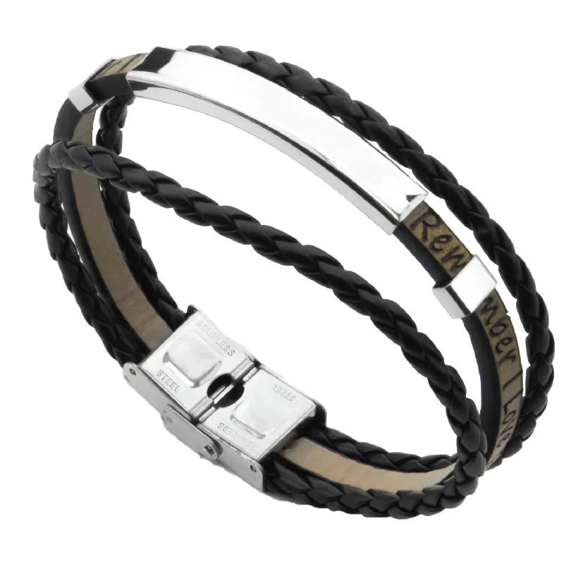 Retro Classic Style Customization Laser Engraving Pu Leather Titanium Steel Polishing Men's Bracelets Men Cord & Leather Bracelets