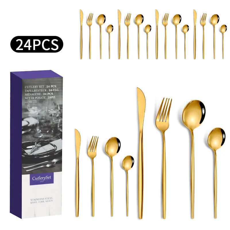 1010 stainless steel tableware 24-piece golden steak knife, fork and spoon gift box Western tableware suit
