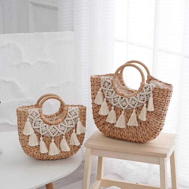 Women's Medium Aquatic Plants Solid Color Elegant Streetwear Straw Square Open Handbag