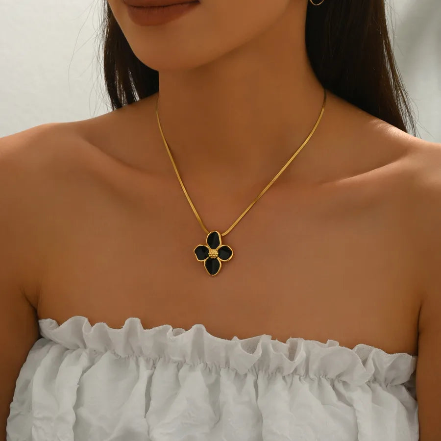 Wholesale Jewelry Fairy Style Casual Vacation Flower 304 Stainless Steel 18K Gold Plated snake chain Pendant Necklace