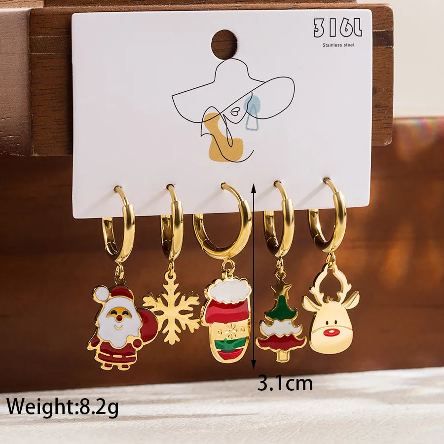 1 Set Christmas Cute Romantic Santa Claus Cattle Snowman Enamel Plating Inlay Stainless Steel Zircon Drop Earrings