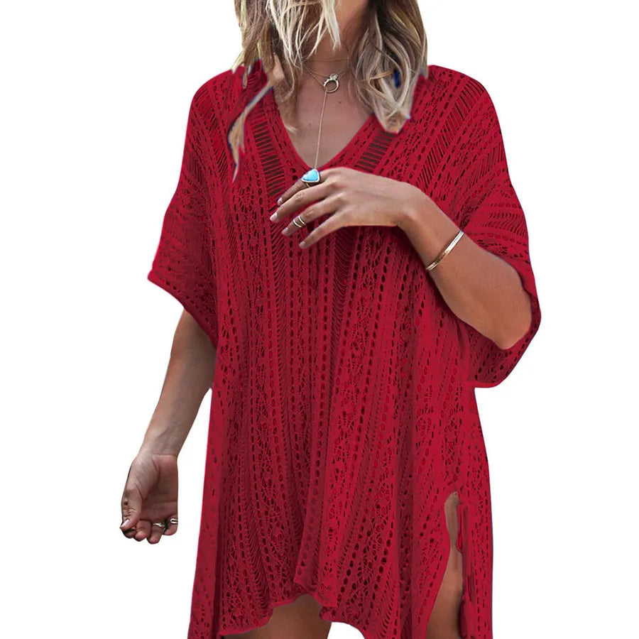women's vacation solid color hollow out cover ups