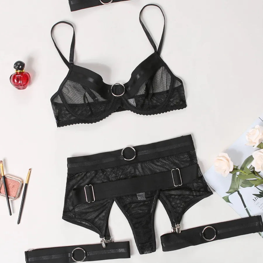 fashion solid color black hollow sexy lingerie suit