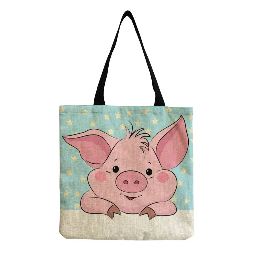 Women's Cute Animal Cartoon Linen Shopping bags