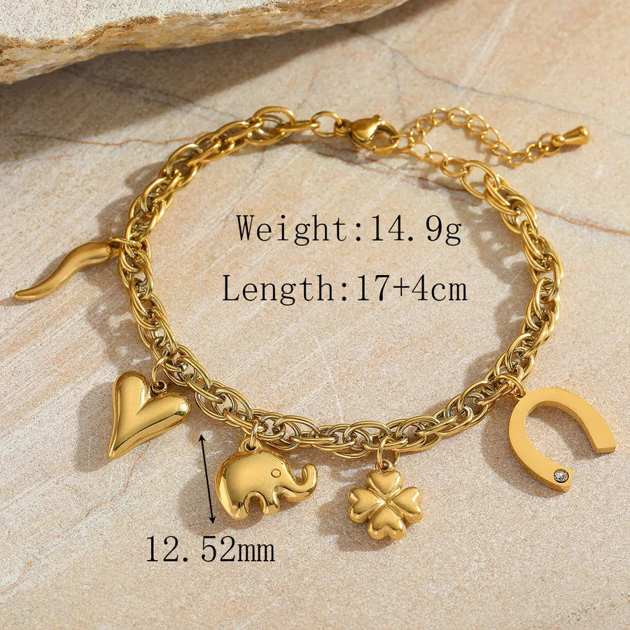 Casual Elegant Cute Geometric Heart Shape 304 Stainless Steel 18K Gold Plated Zircon cable chain Multi Charms Bracelet In Bulk