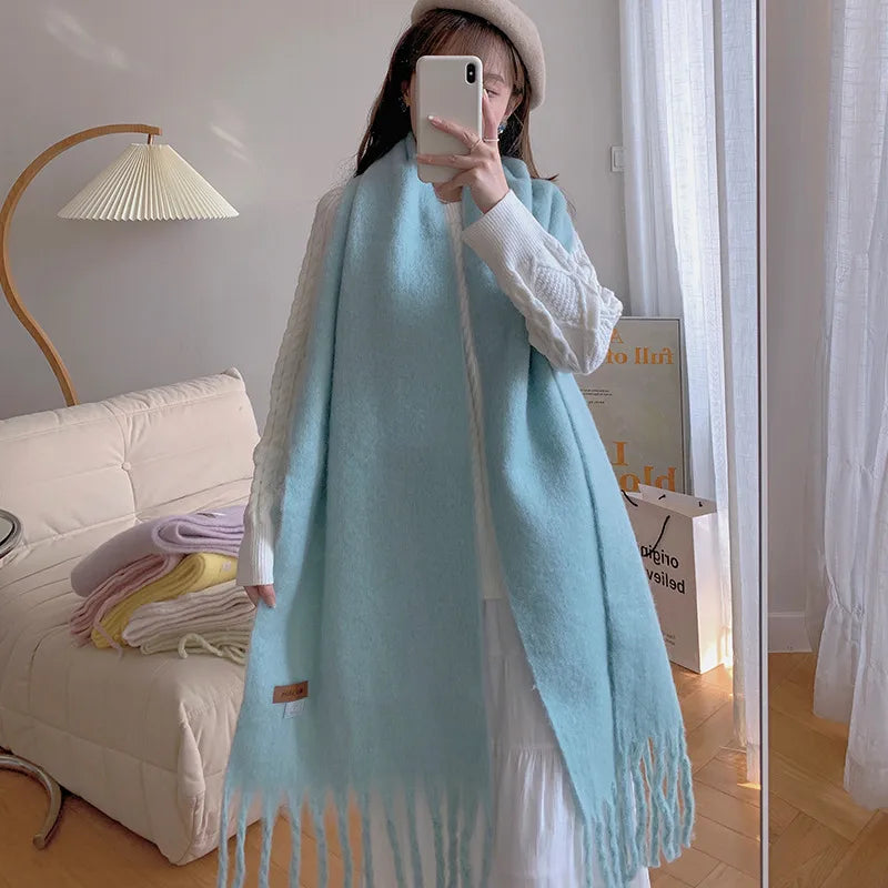 women's sweet color block polyester tassel scarf