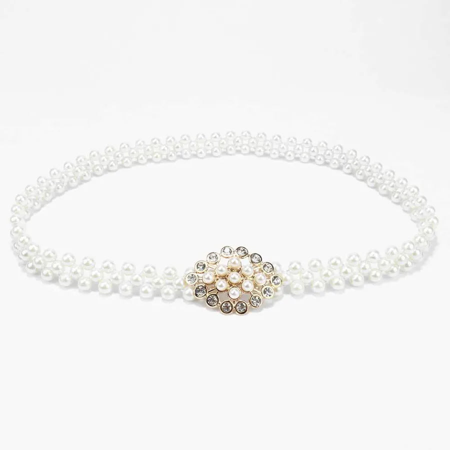 sweet oval flower bow knot imitation pearl metal inlay rhinestones women's chain belts