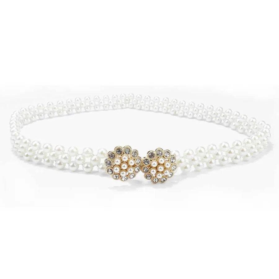 sweet oval flower bow knot imitation pearl metal inlay rhinestones women's chain belts