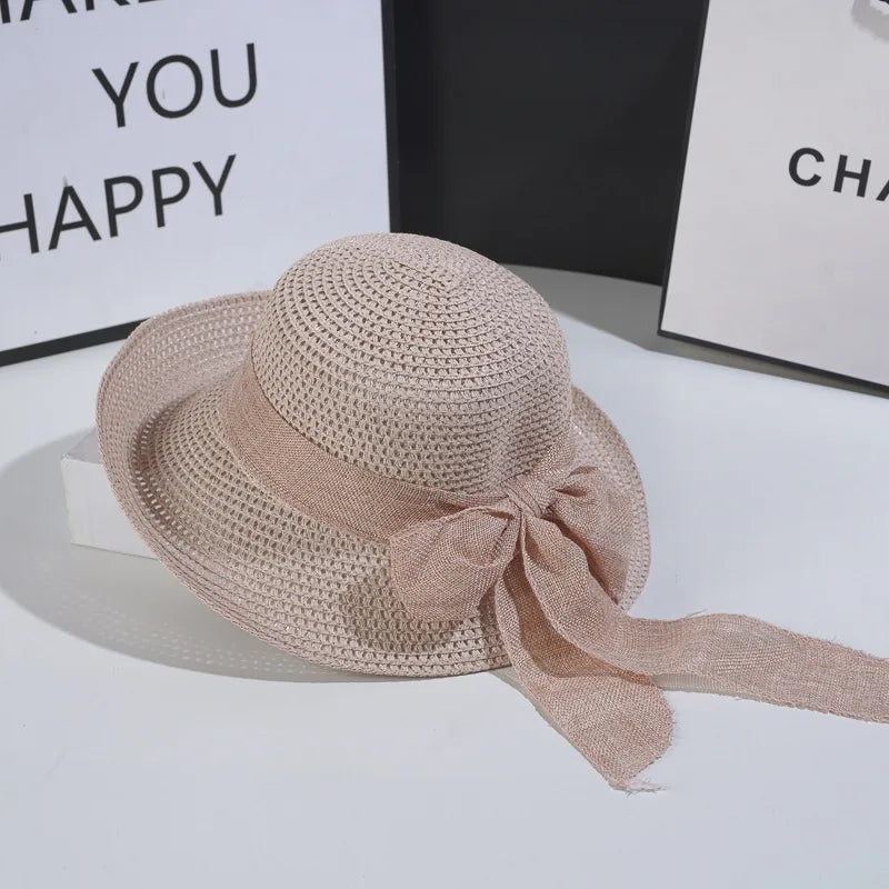 women's vintage style bow knot hollow out crimping straw hat