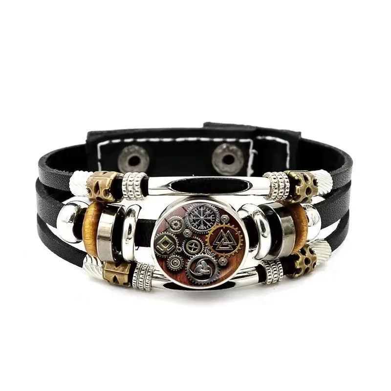 New Alloy Beads Woven Bracelet Nordic Viking Pirate Aoding Logo Compass Leather Bracelet for Men and Women