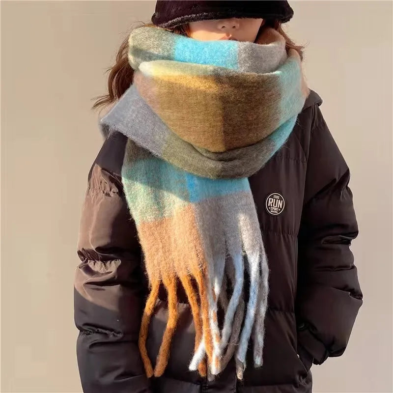 women's simple style lattice imitation cashmere tassel scarf