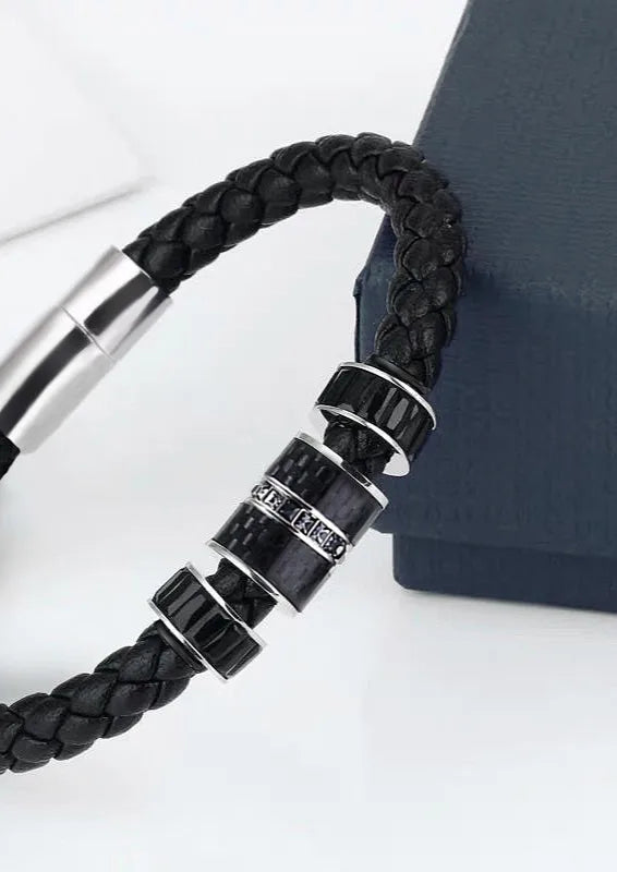 Shijia  Leather Rope Bracelet for Boys Japanese and Korean Fashion Black Transfer Bead Woven Bracelet Titanium Steel Leather Rope Bracelet for Men