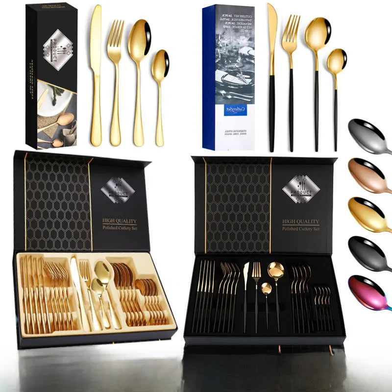 1010 stainless steel tableware 24-piece golden steak knife, fork and spoon gift box Western tableware suit