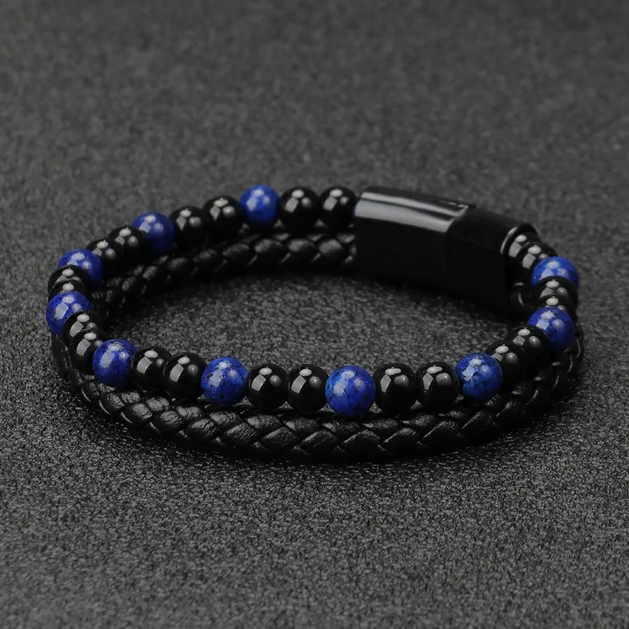 1 piece ethnic style twist alloy natural stone volcanic rock men's bracelets