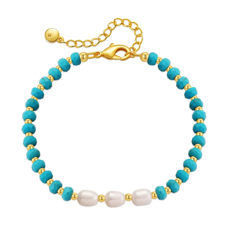 ethnic style geometric turquoise freshwater pearl copper beaded bracelets