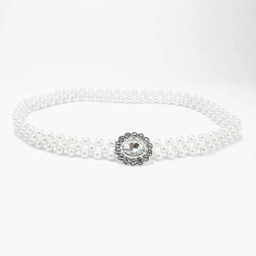 sweet oval flower bow knot imitation pearl metal inlay rhinestones women's chain belts